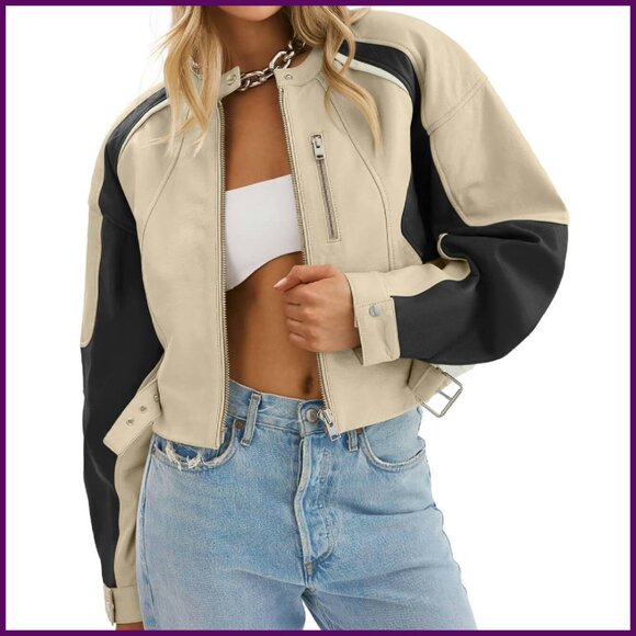 Cropped Faux Leather Bomber Jacket Zip Up Color Block Moto Style